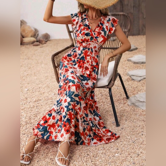 NEW Boho Floral Wrap Top Ruffle Trim Long Dress Red Cream Green Yellow - Picture 5 of 8